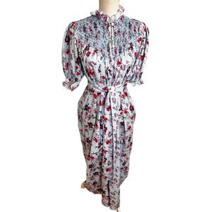 Loretta Caponi Elena Floral Puff Sleeve Smocked Maxi Dress Pinstriped Floral
